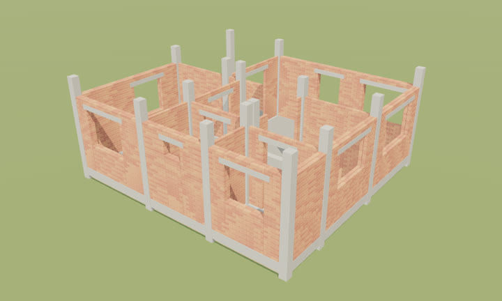Brick walls rising between concrete columns